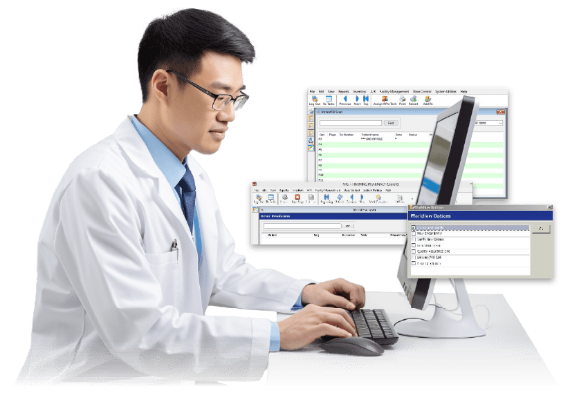 pharmacists at a computer using NRx pharmacy software